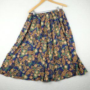 Vintage Circle Skirt Womens 12W Beige Blue Paisley Midi Lightweight Pleated 80s